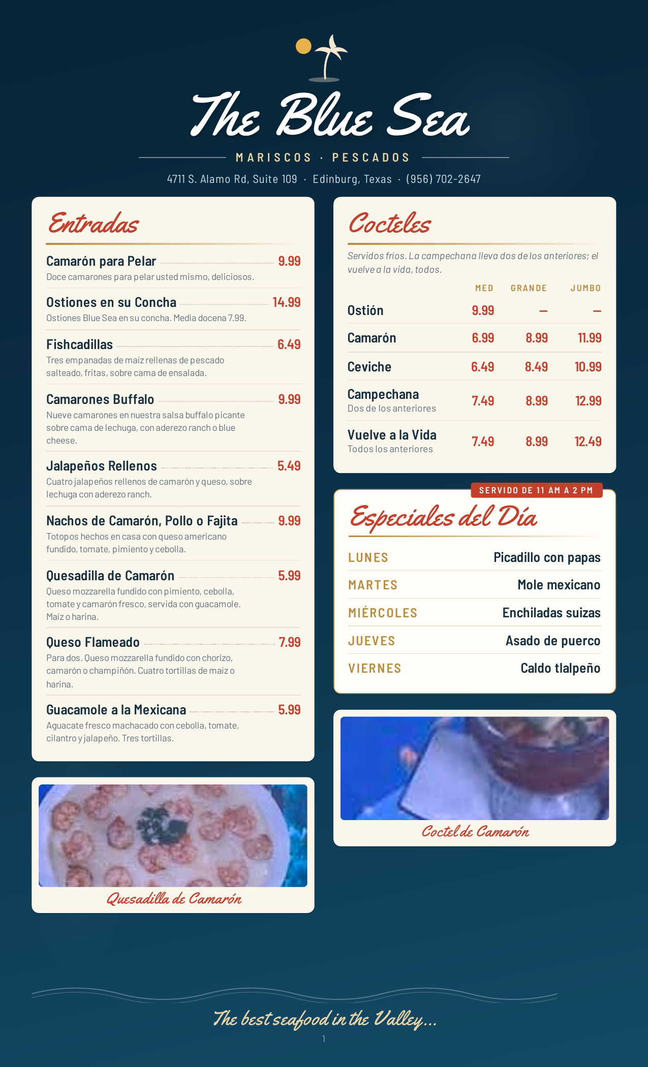 The Blue Sea menu page with lunch specials